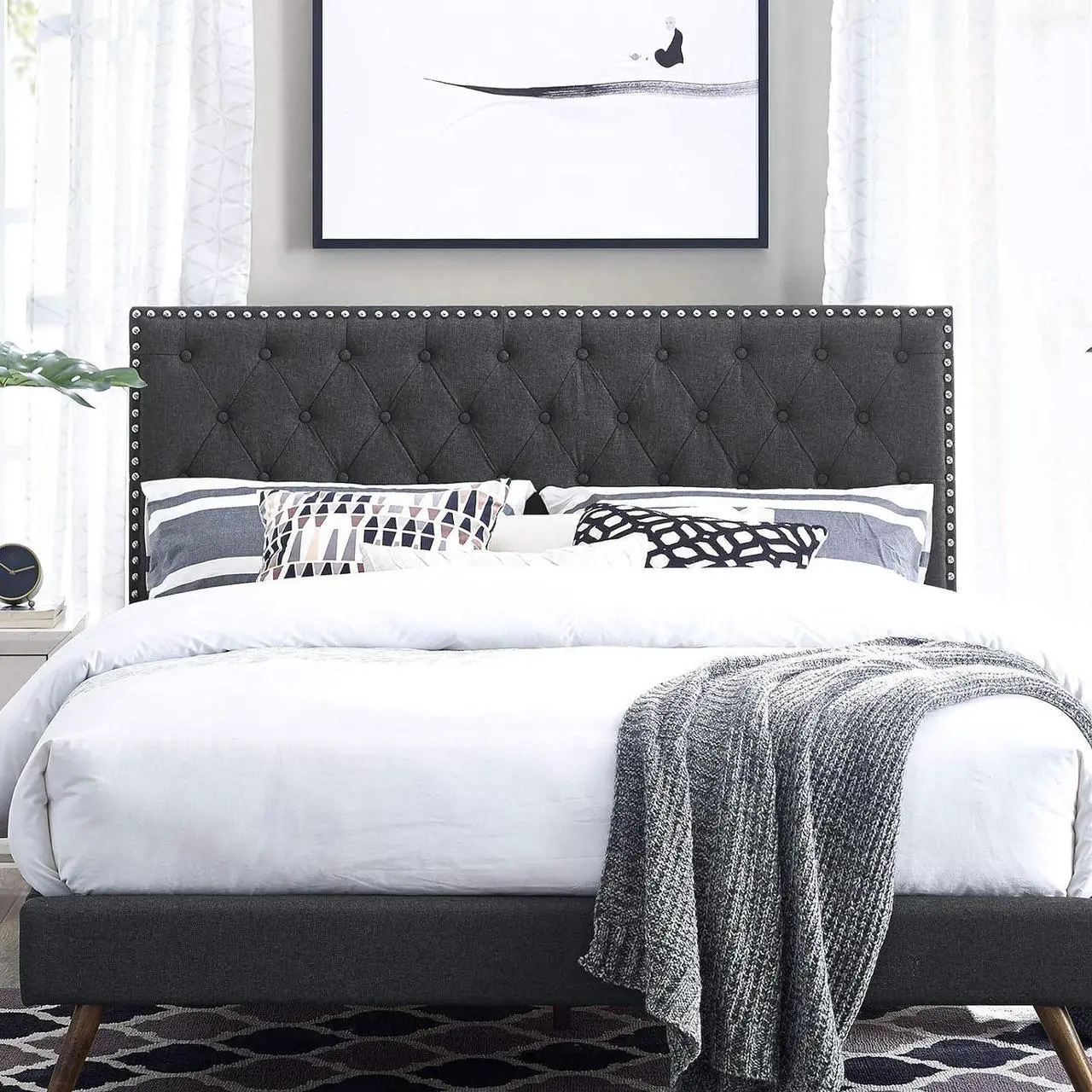 Main image of Modway Helena Tufted Button Fabric Upholstered Full/Queen Headboard with Nailhead Trim in Gray