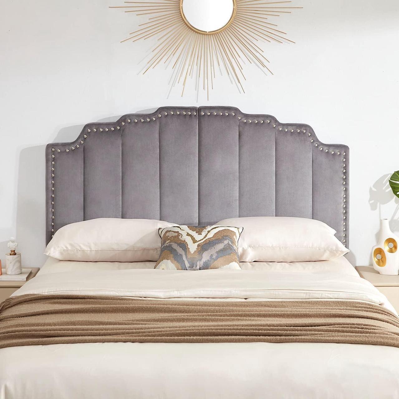 Main image of Kingfun Mid Century Headboard for King Size Bed, Velvet Upholstered Tufted Bed Headboard with Nailhead Decor, Adjustable Curved Solid Wood Head Board with Vertical Channel Design in Grey