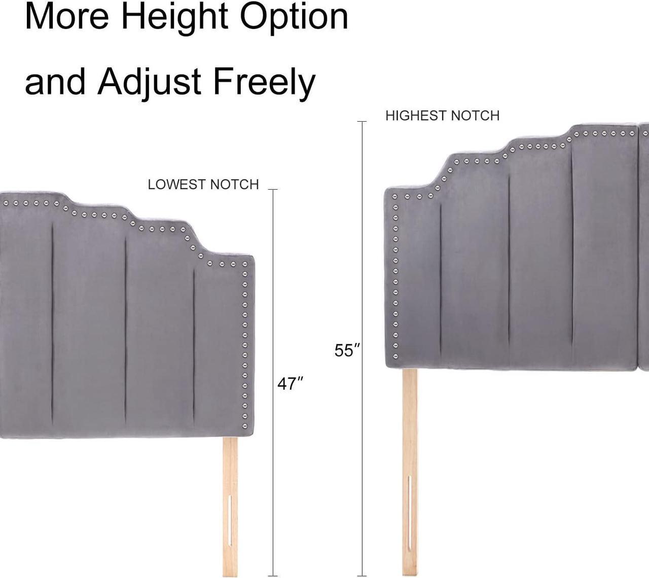 Alt view image 2 of 7 - Kingfun Mid Century Headboard for King Size Bed, Velvet Upholstered Tufted Bed Headboard with Nailhead Decor, Adjustable Curved Solid Wood Head Board with Vertical Channel Design in Grey