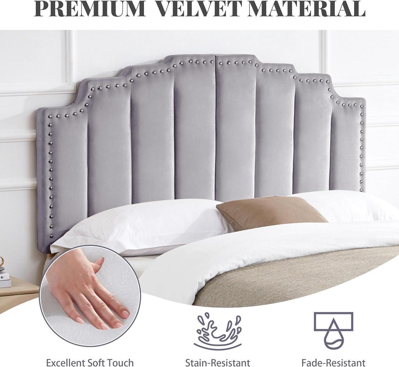 Alt view image 3 of 7 - Kingfun Mid Century Headboard for King Size Bed, Velvet Upholstered Tufted Bed Headboard with Nailhead Decor, Adjustable Curved Solid Wood Head Board with Vertical Channel Design in Grey