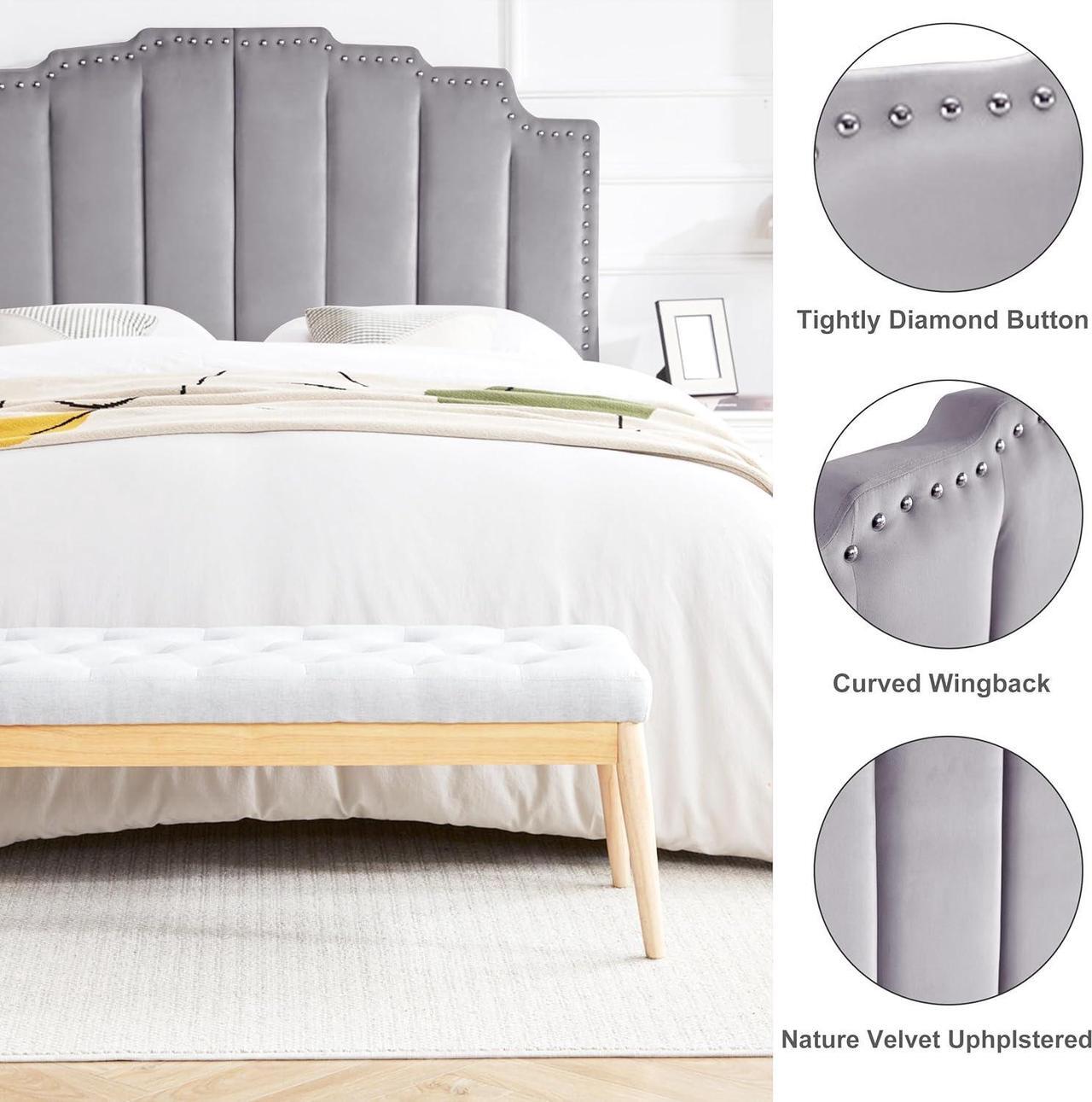 Alt view image 4 of 7 - Kingfun Mid Century Headboard for King Size Bed, Velvet Upholstered Tufted Bed Headboard with Nailhead Decor, Adjustable Curved Solid Wood Head Board with Vertical Channel Design in Grey