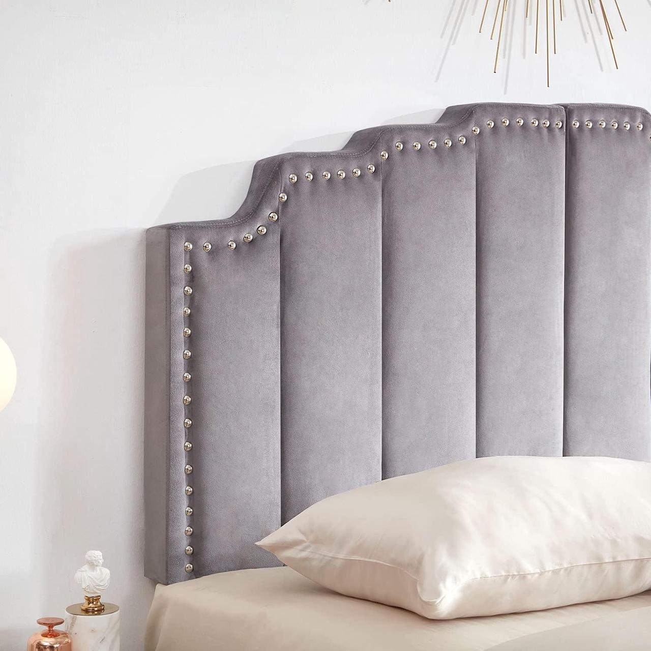Alt view image 6 of 7 - Kingfun Mid Century Headboard for King Size Bed, Velvet Upholstered Tufted Bed Headboard with Nailhead Decor, Adjustable Curved Solid Wood Head Board with Vertical Channel Design in Grey
