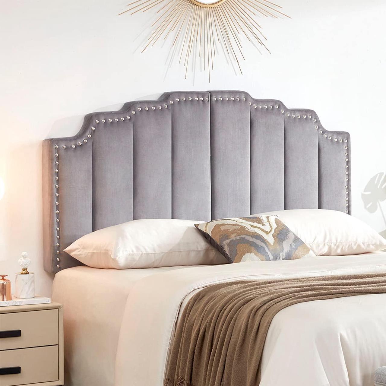Alt view image 7 of 7 - Kingfun Mid Century Headboard for King Size Bed, Velvet Upholstered Tufted Bed Headboard with Nailhead Decor, Adjustable Curved Solid Wood Head Board with Vertical Channel Design in Grey