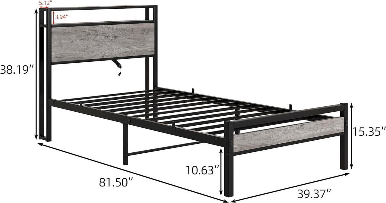 Alt view image 2 of 7 - HOJINLINERO Twin Bed Frame with Storage Headboard,Metal Bed Frame Twin Size with Charging Station,Twin Platform Bed Frame No Box Spring Needed,Beds Base,Heavy Duty Metal Slats Support,Black and Grey