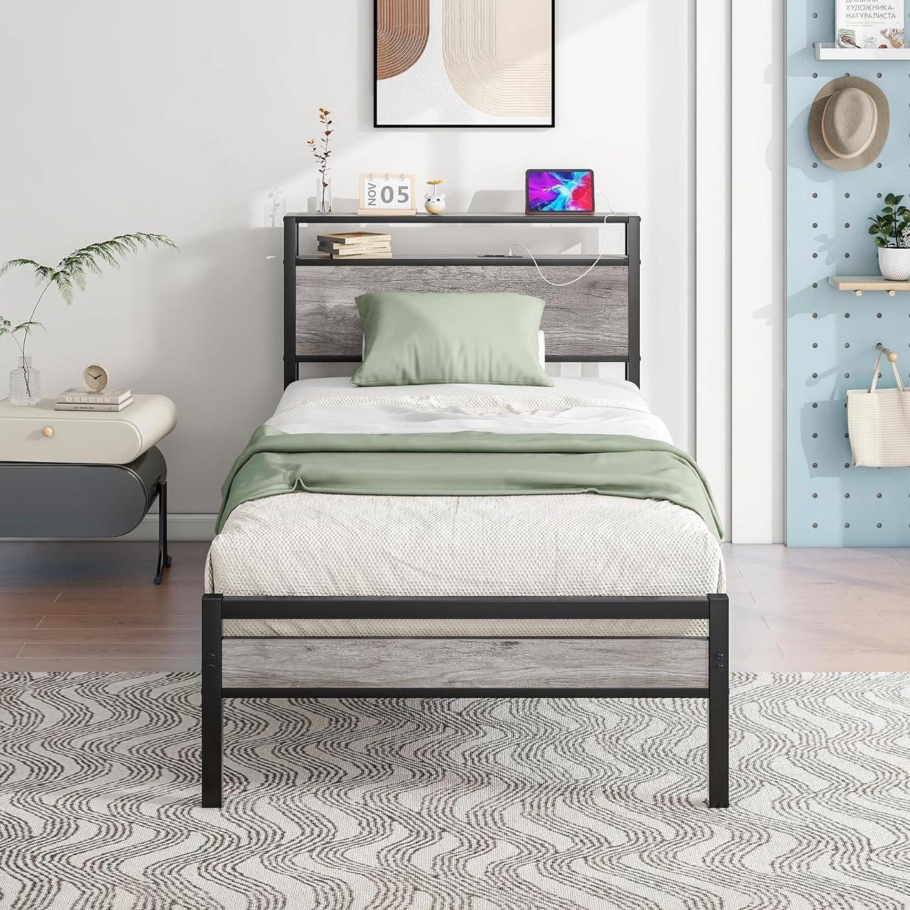 Main image of HOJINLINERO Twin Bed Frame with Storage Headboard,Metal Bed Frame Twin Size with Charging Station,Twin Platform Bed Frame No Box Spring Needed,Beds Base,Heavy Duty Metal Slats Support,Black and Grey