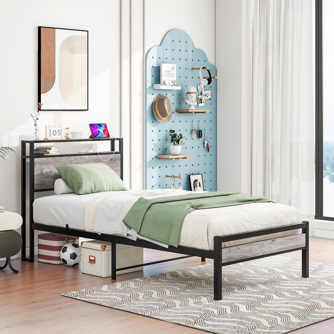 Alt view image 3 of 7 - HOJINLINERO Twin Bed Frame with Storage Headboard,Metal Bed Frame Twin Size with Charging Station,Twin Platform Bed Frame No Box Spring Needed,Beds Base,Heavy Duty Metal Slats Support,Black and Grey