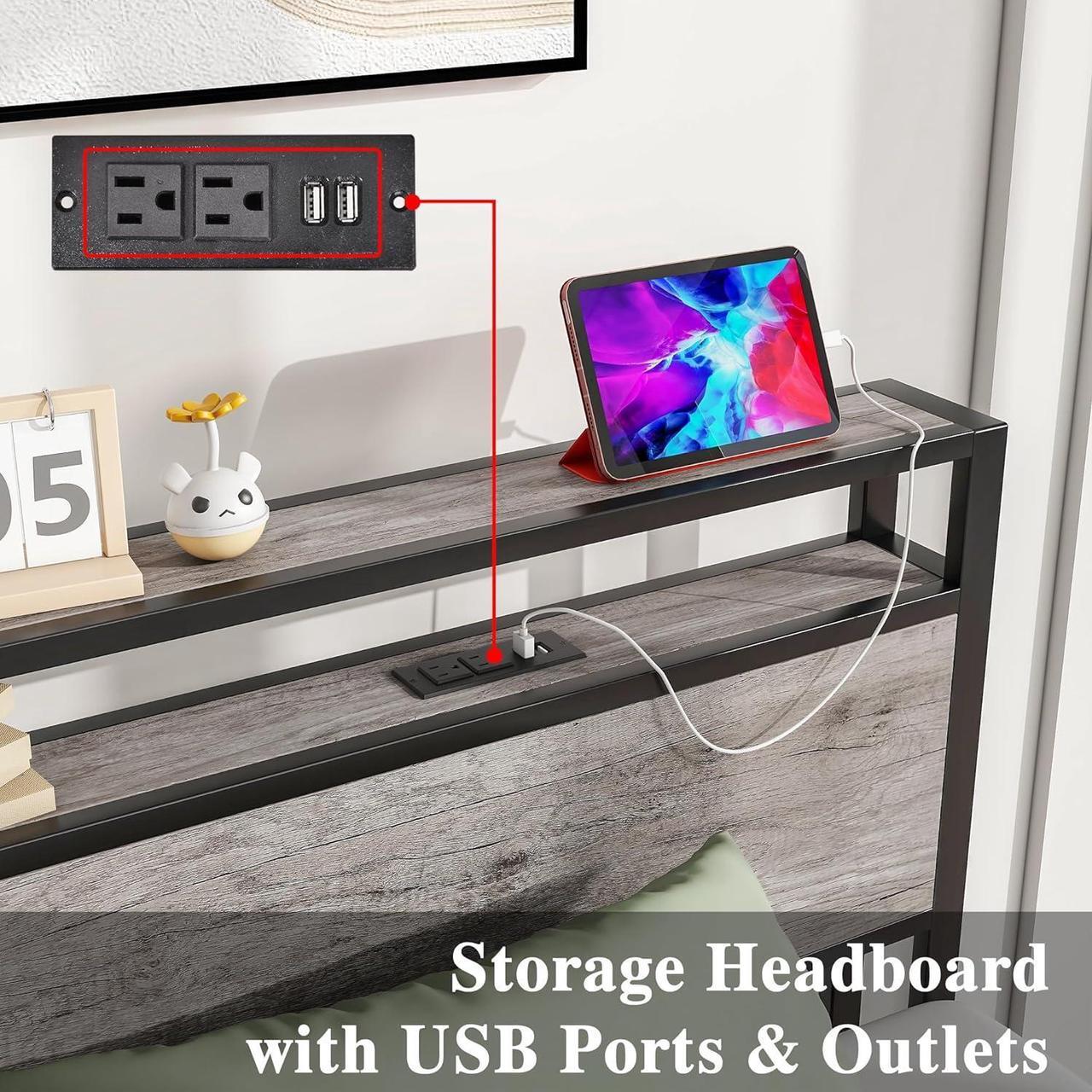 Alt view image 4 of 7 - HOJINLINERO Twin Bed Frame with Storage Headboard,Metal Bed Frame Twin Size with Charging Station,Twin Platform Bed Frame No Box Spring Needed,Beds Base,Heavy Duty Metal Slats Support,Black and Grey