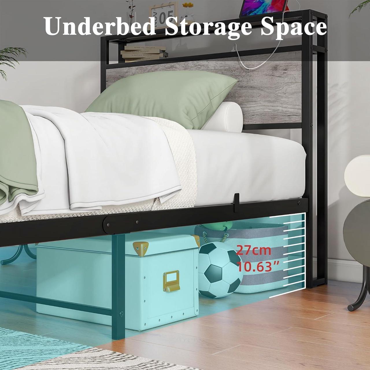 Alt view image 5 of 7 - HOJINLINERO Twin Bed Frame with Storage Headboard,Metal Bed Frame Twin Size with Charging Station,Twin Platform Bed Frame No Box Spring Needed,Beds Base,Heavy Duty Metal Slats Support,Black and Grey