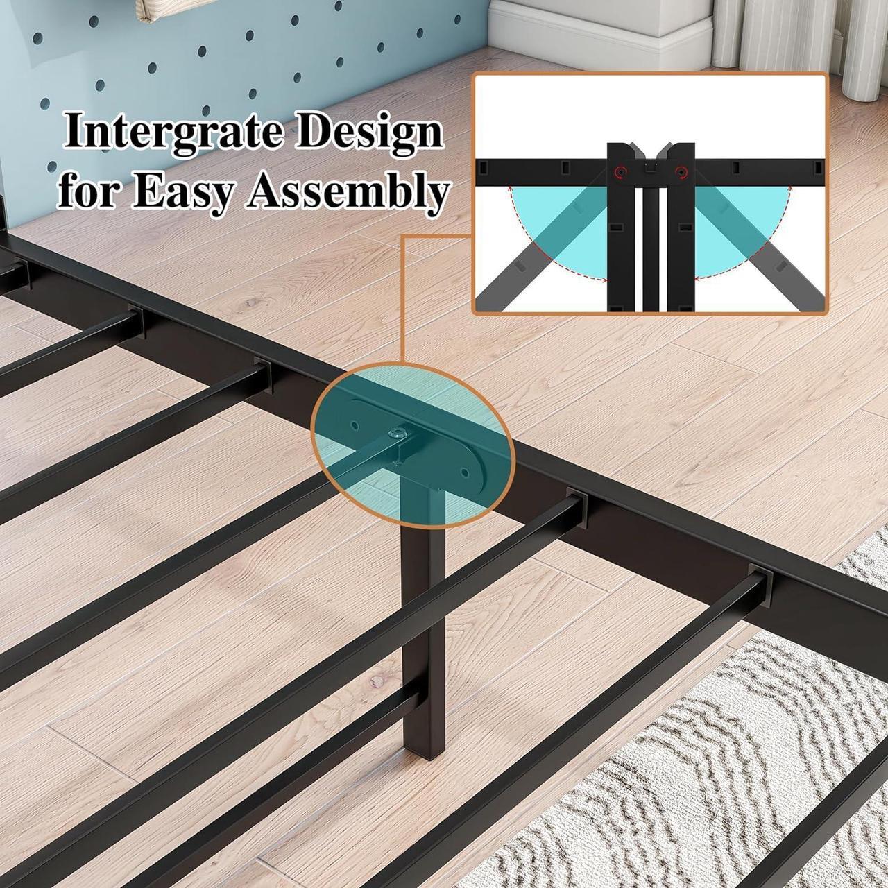 Alt view image 6 of 7 - HOJINLINERO Twin Bed Frame with Storage Headboard,Metal Bed Frame Twin Size with Charging Station,Twin Platform Bed Frame No Box Spring Needed,Beds Base,Heavy Duty Metal Slats Support,Black and Grey