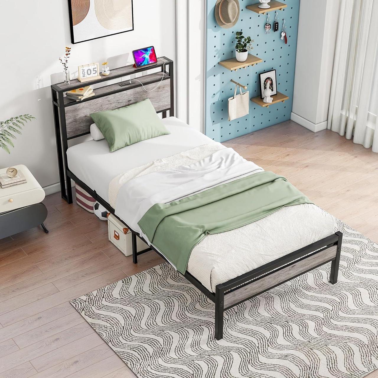 Alt view image 7 of 7 - HOJINLINERO Twin Bed Frame with Storage Headboard,Metal Bed Frame Twin Size with Charging Station,Twin Platform Bed Frame No Box Spring Needed,Beds Base,Heavy Duty Metal Slats Support,Black and Grey