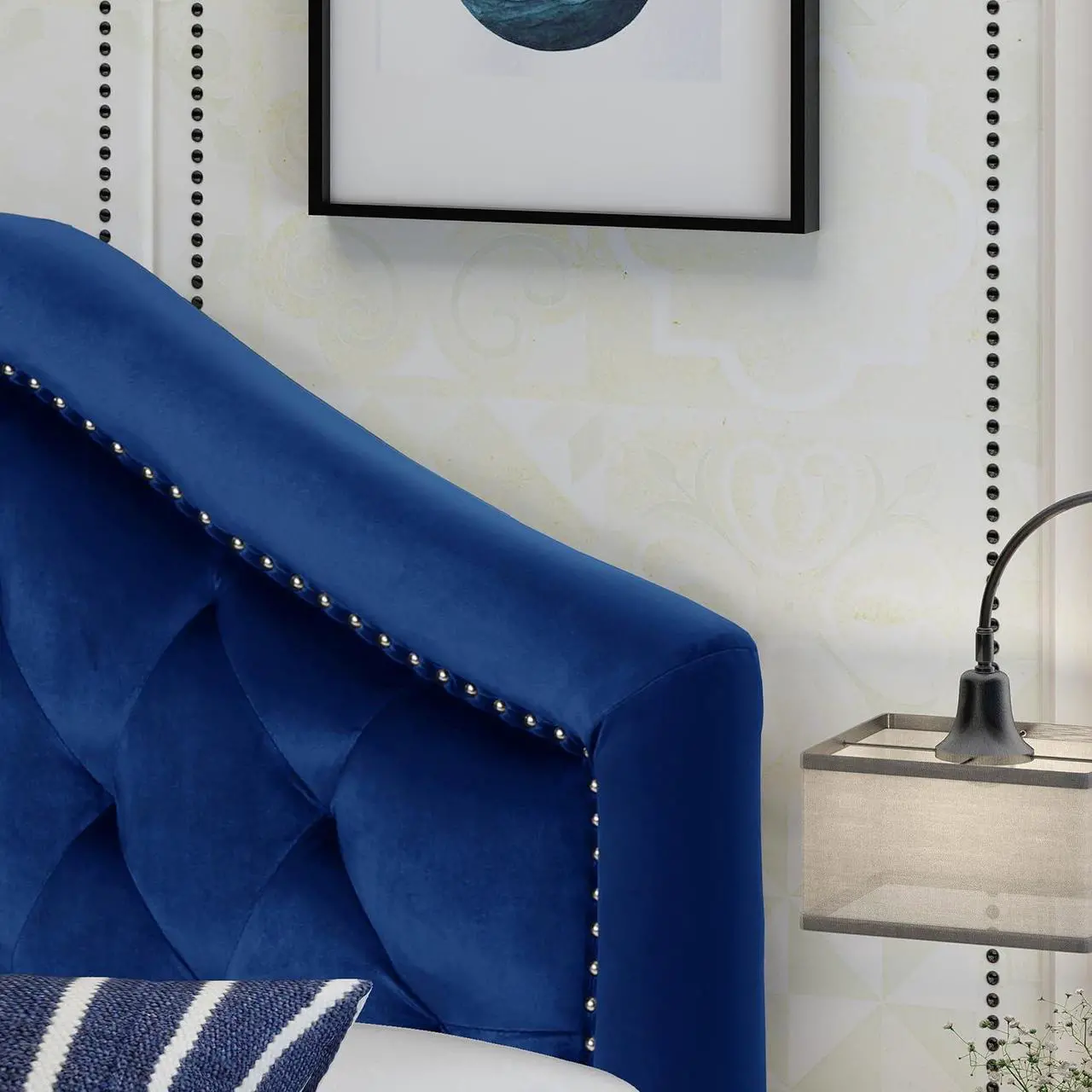 Alt view image 5 of 7 - Christopher Knight Home Killian Velvet Headboard, Queen / Full, Navy Blue / Black