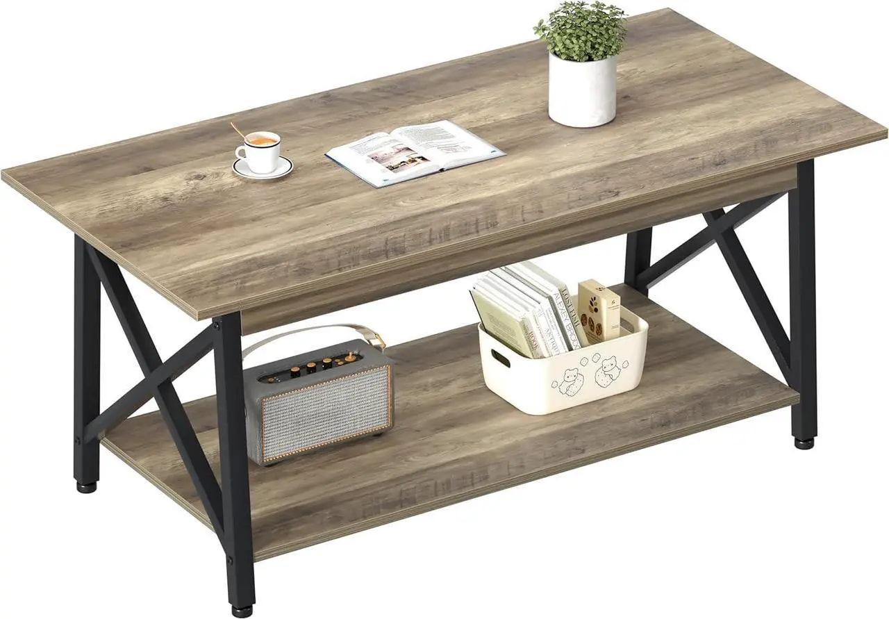 Main image of GreenForest Coffee Table with Storage, 39inch Modern 2-Tier Coffee Tables for Living Room, X-Frame Design Farmhouse Coffee Table Space Saving Living Room Small Tables, Easy Assembly, Grey Wash
