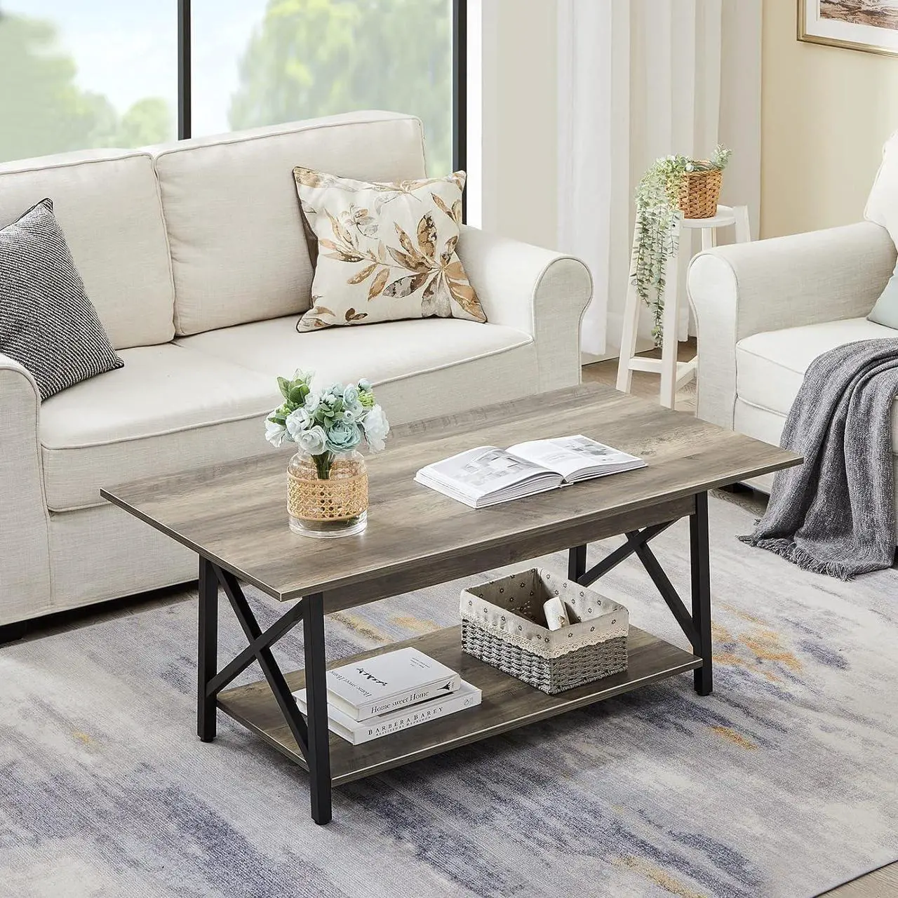 Alt view image 2 of 7 - GreenForest Coffee Table with Storage, 39inch Modern 2-Tier Coffee Tables for Living Room, X-Frame Design Farmhouse Coffee Table Space Saving Living Room Small Tables, Easy Assembly, Grey Wash