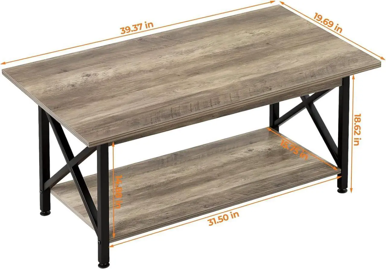 Alt view image 3 of 7 - GreenForest Coffee Table with Storage, 39inch Modern 2-Tier Coffee Tables for Living Room, X-Frame Design Farmhouse Coffee Table Space Saving Living Room Small Tables, Easy Assembly, Grey Wash