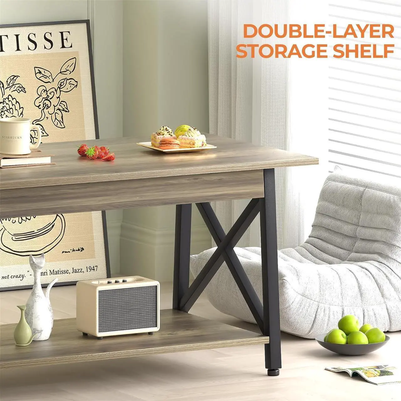 Alt view image 5 of 7 - GreenForest Coffee Table with Storage, 39inch Modern 2-Tier Coffee Tables for Living Room, X-Frame Design Farmhouse Coffee Table Space Saving Living Room Small Tables, Easy Assembly, Grey Wash