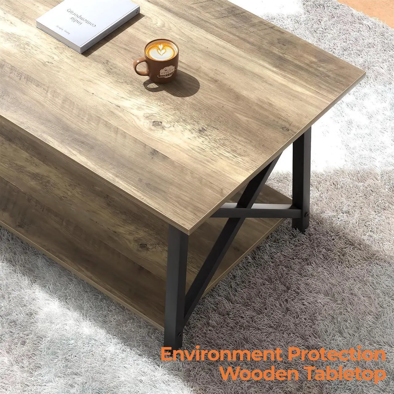 Alt view image 6 of 7 - GreenForest Coffee Table with Storage, 39inch Modern 2-Tier Coffee Tables for Living Room, X-Frame Design Farmhouse Coffee Table Space Saving Living Room Small Tables, Easy Assembly, Grey Wash