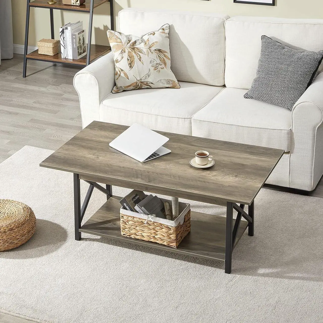 Alt view image 7 of 7 - GreenForest Coffee Table with Storage, 39inch Modern 2-Tier Coffee Tables for Living Room, X-Frame Design Farmhouse Coffee Table Space Saving Living Room Small Tables, Easy Assembly, Grey Wash
