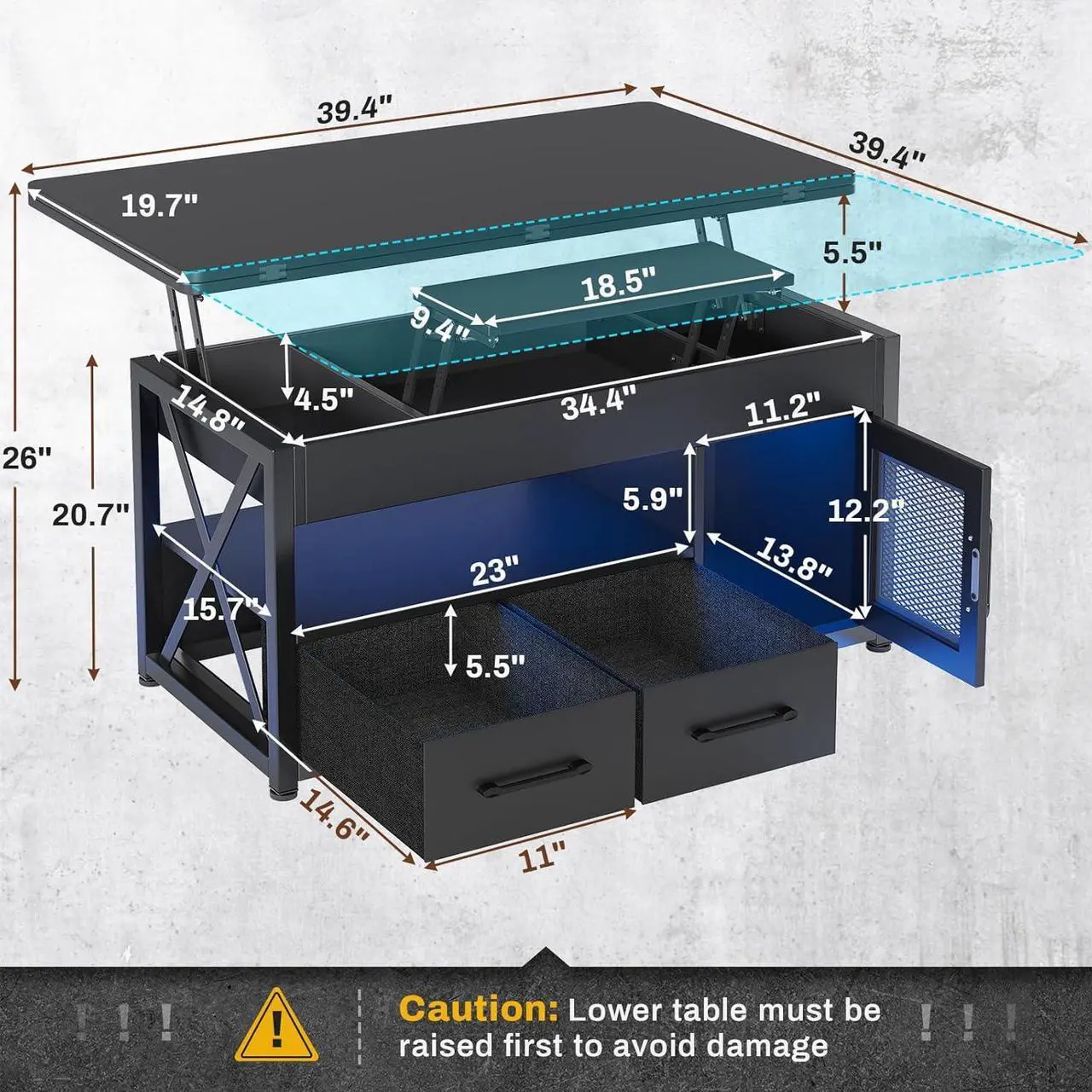 Alt view image 2 of 6 - Itaar 40" Lift Top Coffee Table, 4 in 1 Coffee Tables with Storage Cabinet for Living Room, Small Farmhouse Coffee Table with 2 Fabric Drawers & LED Light for Dining Room, Black