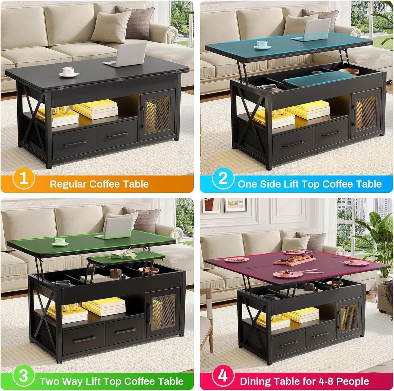 Alt view image 4 of 6 - Itaar 40" Lift Top Coffee Table, 4 in 1 Coffee Tables with Storage Cabinet for Living Room, Small Farmhouse Coffee Table with 2 Fabric Drawers & LED Light for Dining Room, Black