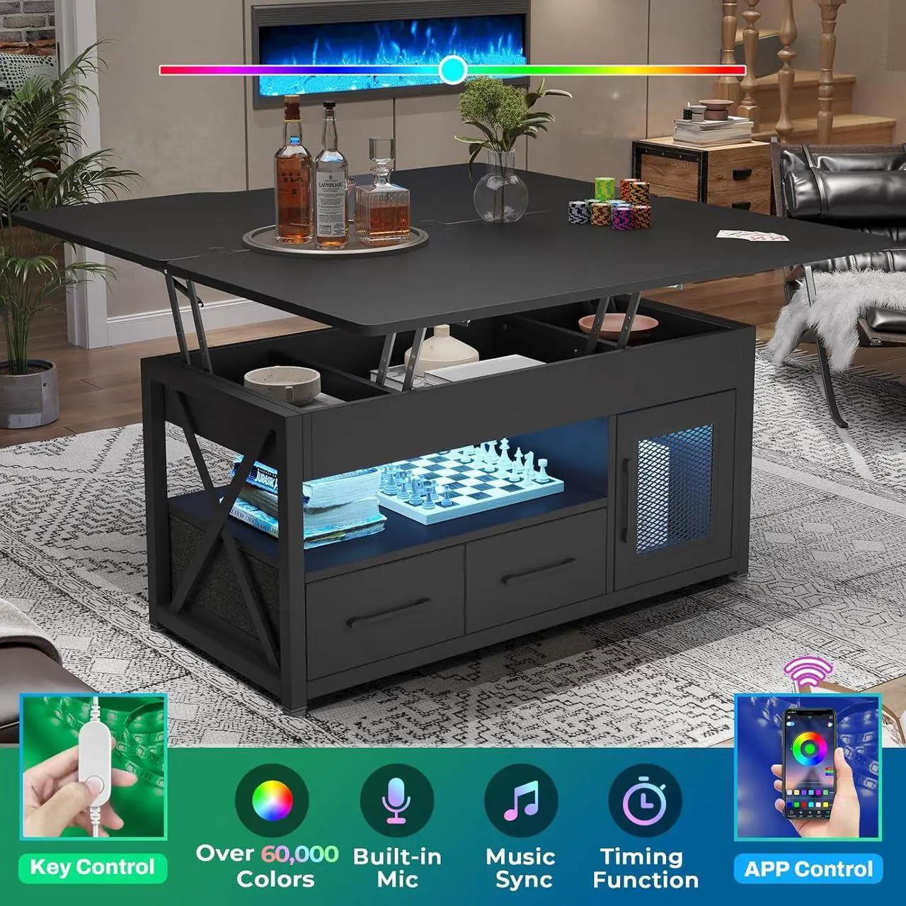 Alt view image 5 of 6 - Itaar 40" Lift Top Coffee Table, 4 in 1 Coffee Tables with Storage Cabinet for Living Room, Small Farmhouse Coffee Table with 2 Fabric Drawers & LED Light for Dining Room, Black