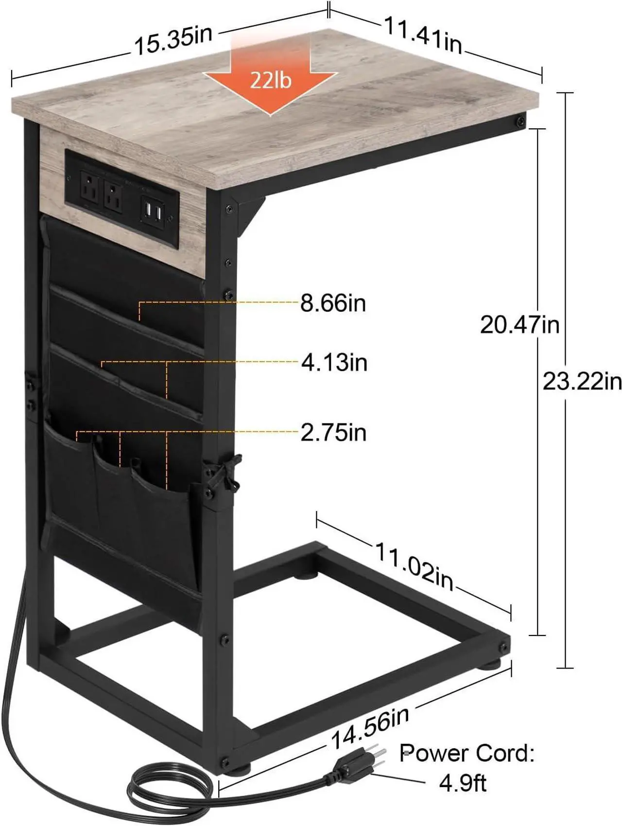 Alt view image 3 of 7 - AMHANCIBLE C Shaped End Table with Charging Station, TV Tray Set of 2, Couch Tables with Storage Bag, Slide Under Sofa Side Table with USB Ports and Outlets for Living Room, Grey HET04CGY