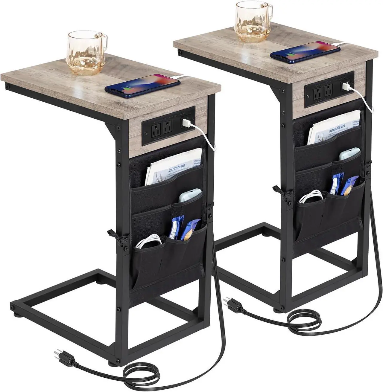 Main image of AMHANCIBLE C Shaped End Table with Charging Station, TV Tray Set of 2, Couch Tables with Storage Bag, Slide Under Sofa Side Table with USB Ports and Outlets for Living Room, Grey HET04CGY