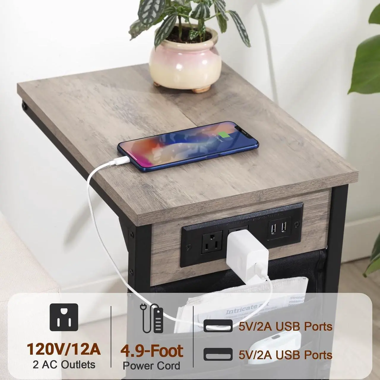 Alt view image 4 of 7 - AMHANCIBLE C Shaped End Table with Charging Station, TV Tray Set of 2, Couch Tables with Storage Bag, Slide Under Sofa Side Table with USB Ports and Outlets for Living Room, Grey HET04CGY