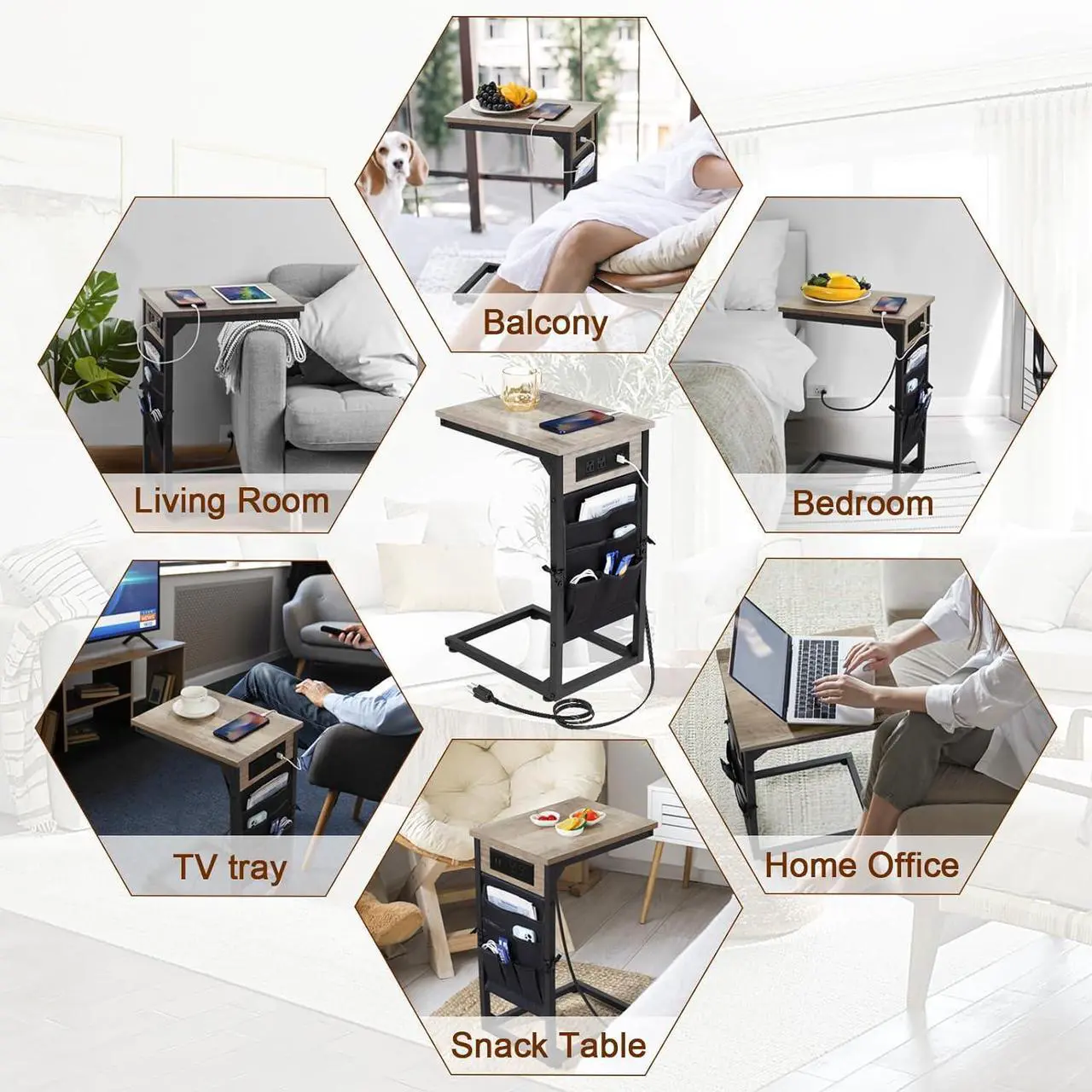 Alt view image 5 of 7 - AMHANCIBLE C Shaped End Table with Charging Station, TV Tray Set of 2, Couch Tables with Storage Bag, Slide Under Sofa Side Table with USB Ports and Outlets for Living Room, Grey HET04CGY