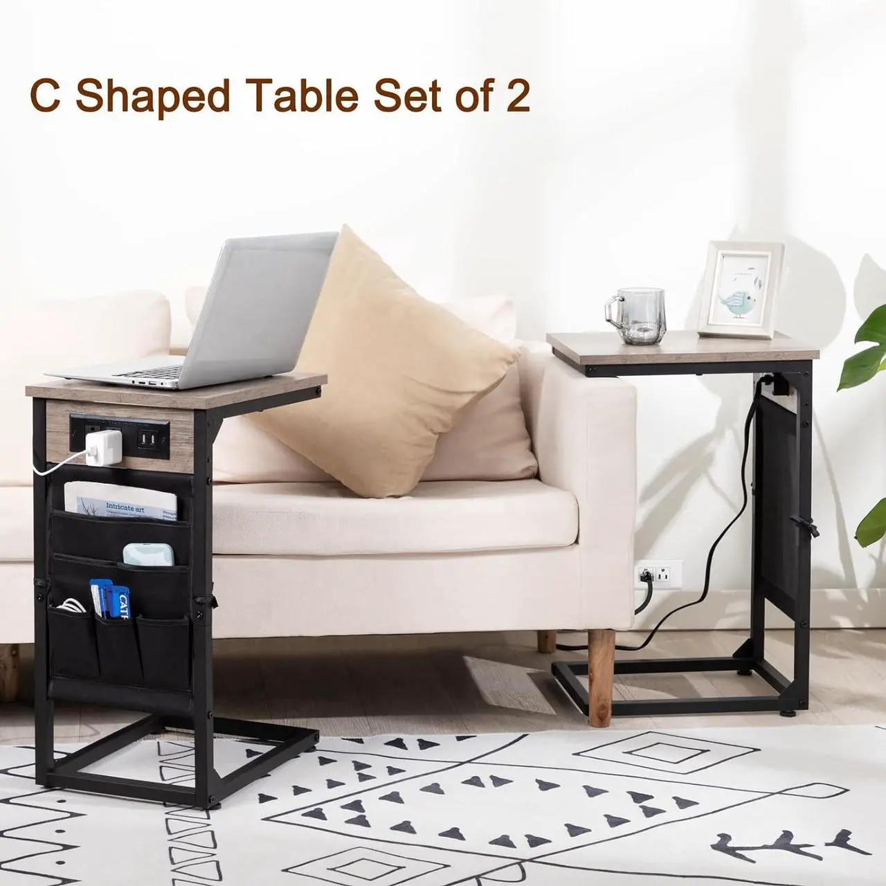 Alt view image 6 of 7 - AMHANCIBLE C Shaped End Table with Charging Station, TV Tray Set of 2, Couch Tables with Storage Bag, Slide Under Sofa Side Table with USB Ports and Outlets for Living Room, Grey HET04CGY