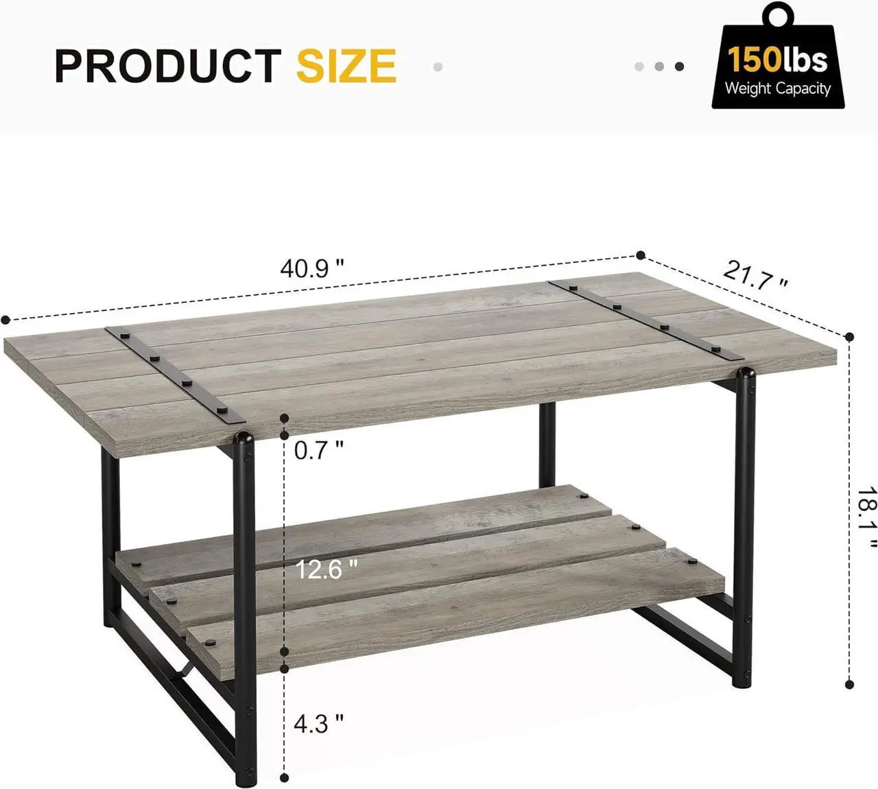 Alt view image 2 of 7 - 2-Tier Farmhouse 41'' Large Gray Wood Coffee Table with Storage Shelf -Modern Rustic Metal Rectangle Center Living Room Coffee Table Accent Furniture for Home Office,Easy Assembly(Grey)