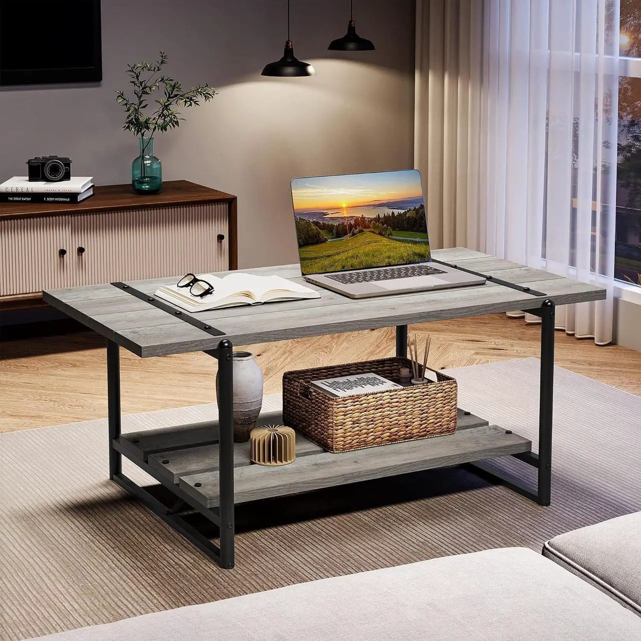 Alt view image 3 of 7 - 2-Tier Farmhouse 41'' Large Gray Wood Coffee Table with Storage Shelf -Modern Rustic Metal Rectangle Center Living Room Coffee Table Accent Furniture for Home Office,Easy Assembly(Grey)