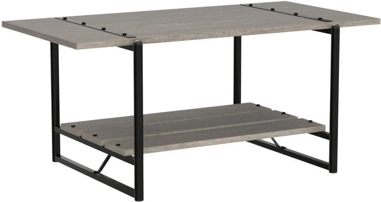 Alt view image 5 of 7 - 2-Tier Farmhouse 41'' Large Gray Wood Coffee Table with Storage Shelf -Modern Rustic Metal Rectangle Center Living Room Coffee Table Accent Furniture for Home Office,Easy Assembly(Grey)