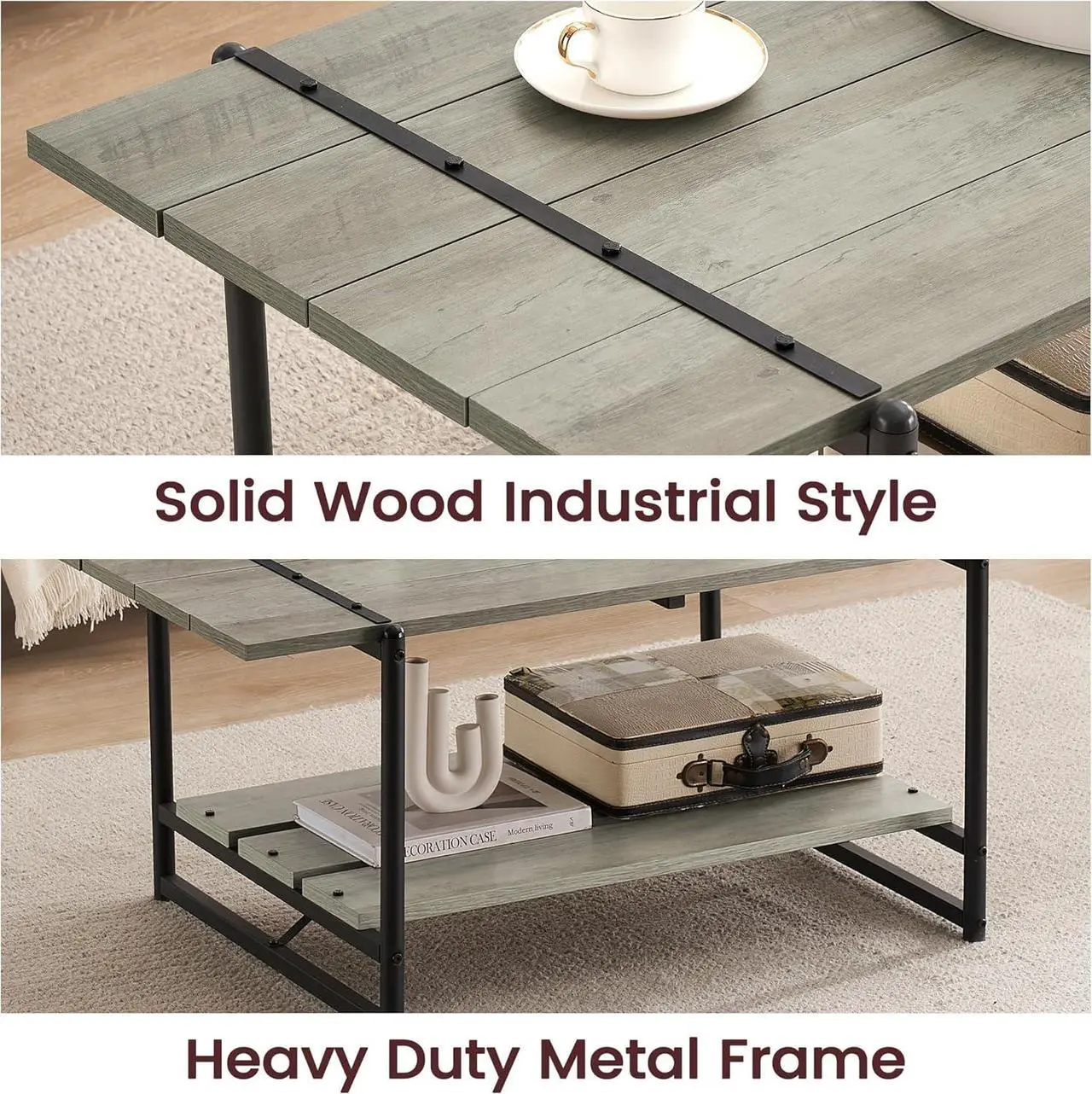 Alt view image 6 of 7 - 2-Tier Farmhouse 41'' Large Gray Wood Coffee Table with Storage Shelf -Modern Rustic Metal Rectangle Center Living Room Coffee Table Accent Furniture for Home Office,Easy Assembly(Grey)