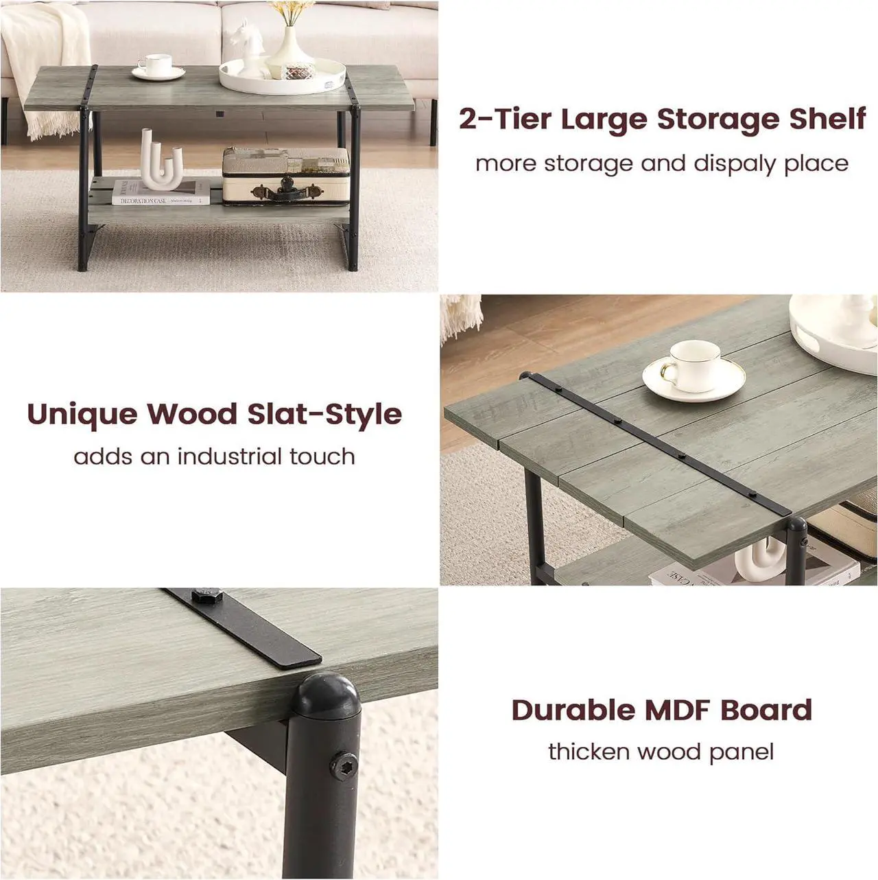 Alt view image 7 of 7 - 2-Tier Farmhouse 41'' Large Gray Wood Coffee Table with Storage Shelf -Modern Rustic Metal Rectangle Center Living Room Coffee Table Accent Furniture for Home Office,Easy Assembly(Grey)