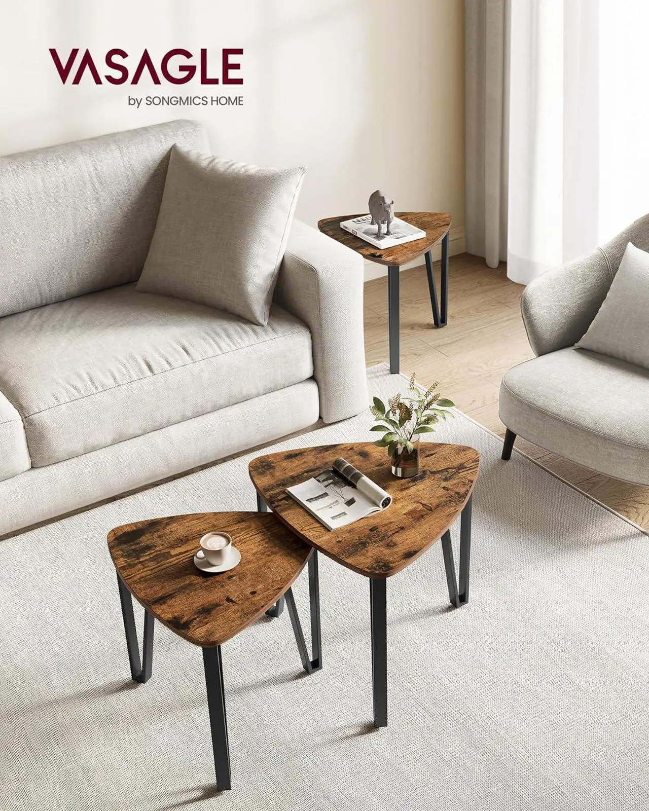 Alt view image 2 of 6 - VASAGLE Nesting Coffee Tables, End Tables Set of 2 for Living Room Bedroom, Industrial Small Stacking Side Tables with Metal Frame for Couch, Rustic Brown and Black ULET013B01