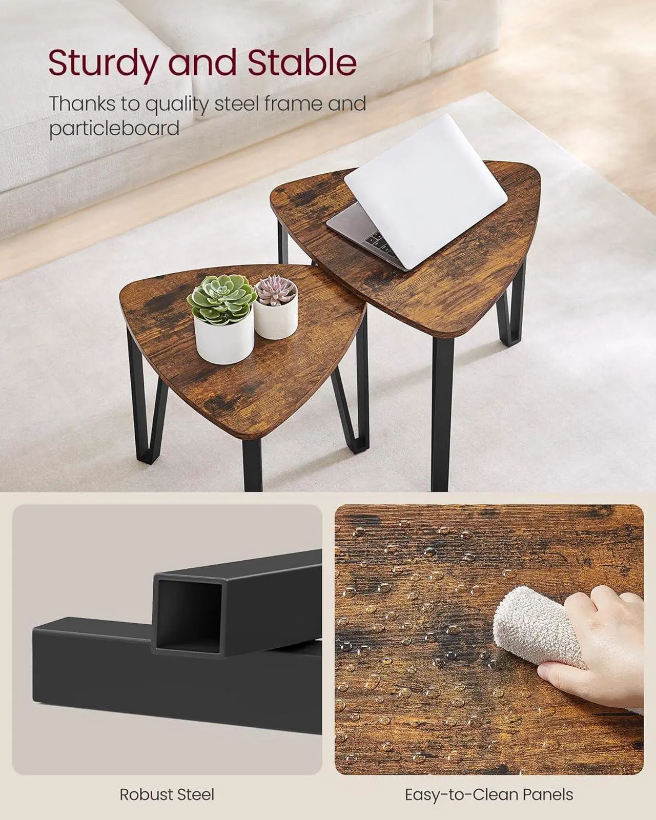 Alt view image 5 of 6 - VASAGLE Nesting Coffee Tables, End Tables Set of 2 for Living Room Bedroom, Industrial Small Stacking Side Tables with Metal Frame for Couch, Rustic Brown and Black ULET013B01