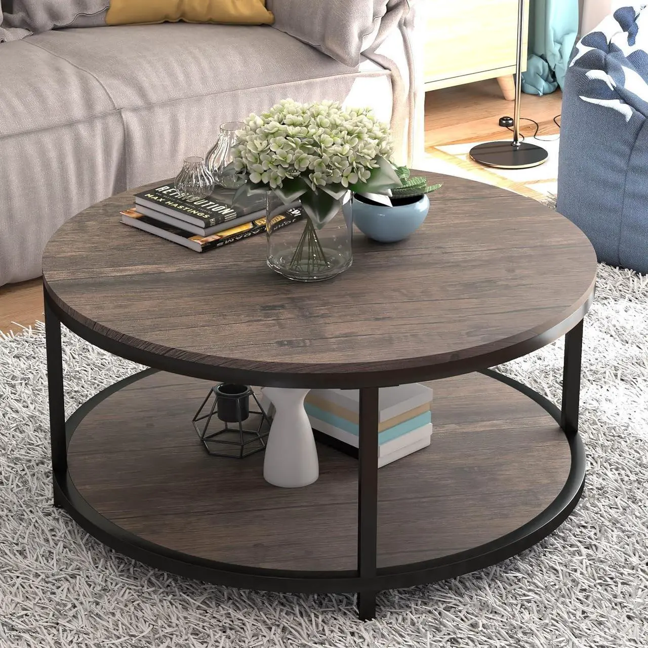 Main image of NSdirect Round Coffee Table,36" Coffee Table for Living Room,2-Tier Rustic Wood Desktop with Storage Shelf Modern Design Home Furniture(Light Walnut)