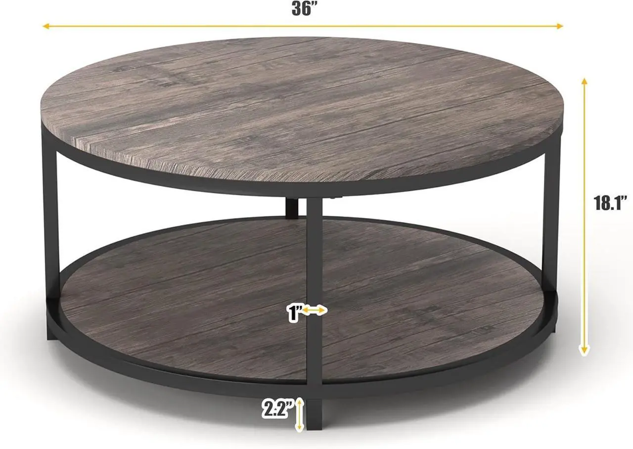 Alt view image 2 of 7 - NSdirect Round Coffee Table,36" Coffee Table for Living Room,2-Tier Rustic Wood Desktop with Storage Shelf Modern Design Home Furniture(Light Walnut)