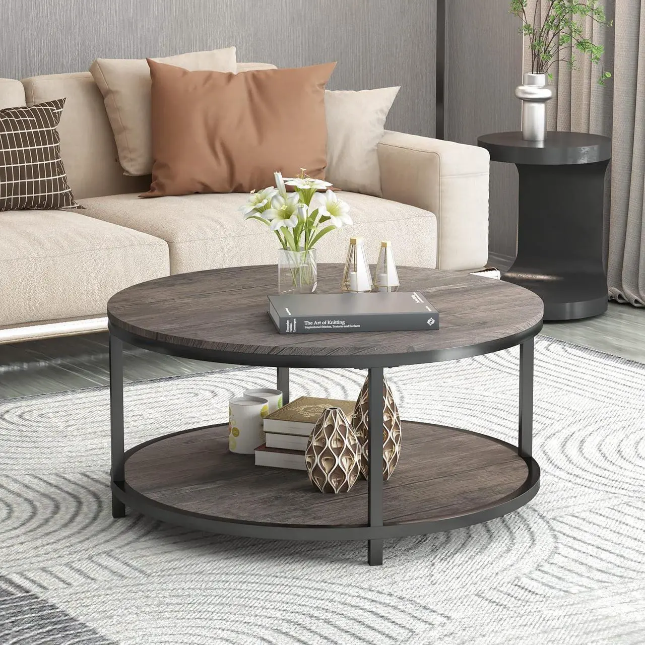 Alt view image 3 of 7 - NSdirect Round Coffee Table,36" Coffee Table for Living Room,2-Tier Rustic Wood Desktop with Storage Shelf Modern Design Home Furniture(Light Walnut)