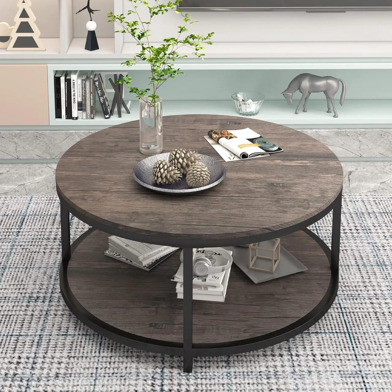 Alt view image 4 of 7 - NSdirect Round Coffee Table,36" Coffee Table for Living Room,2-Tier Rustic Wood Desktop with Storage Shelf Modern Design Home Furniture(Light Walnut)