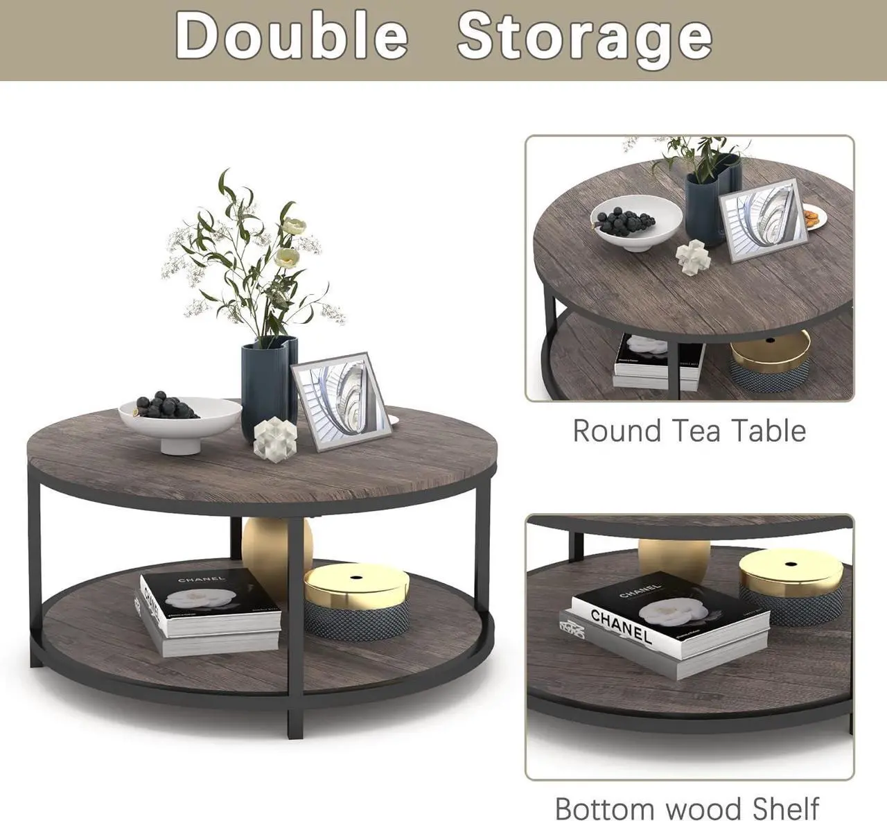 Alt view image 6 of 7 - NSdirect Round Coffee Table,36" Coffee Table for Living Room,2-Tier Rustic Wood Desktop with Storage Shelf Modern Design Home Furniture(Light Walnut)