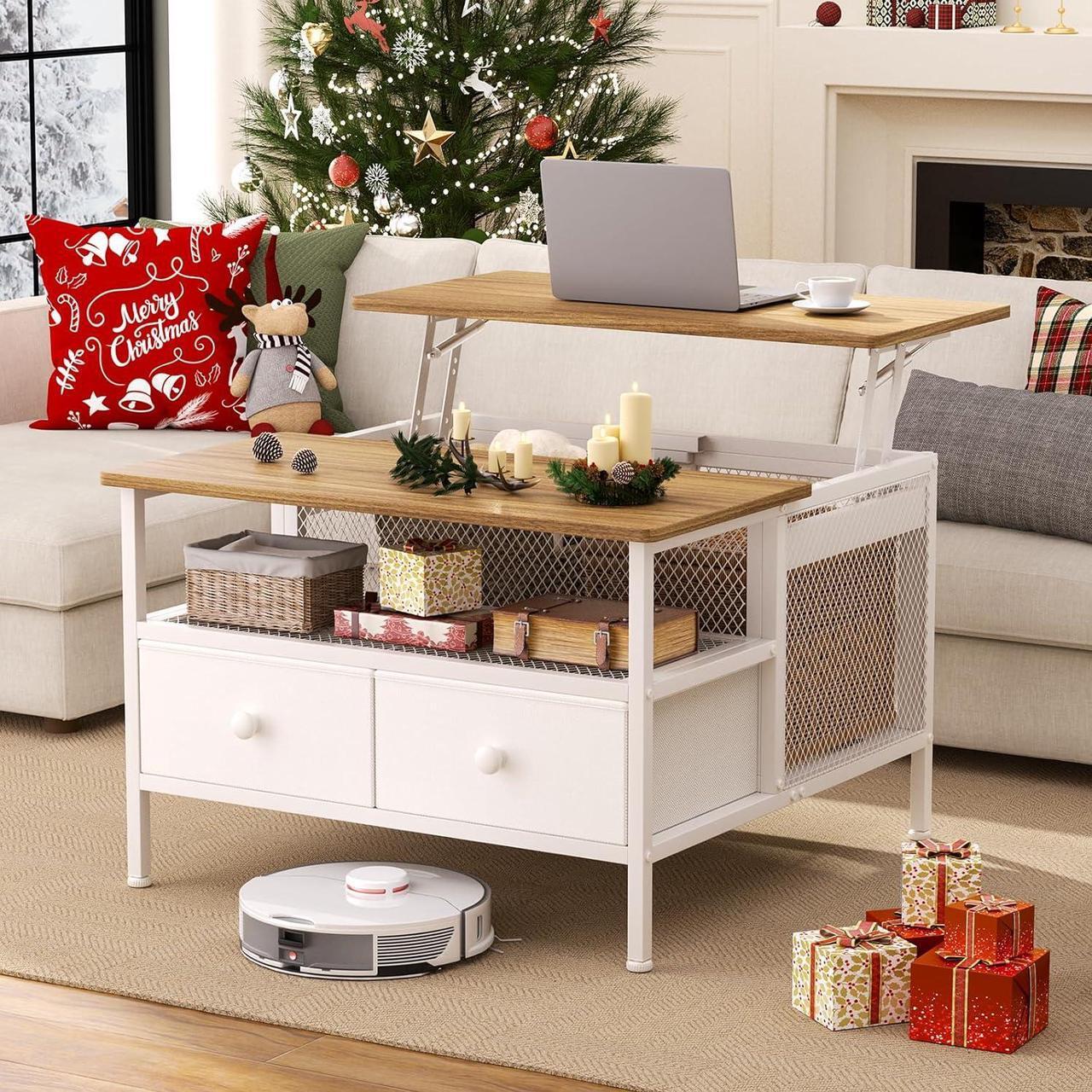 Main image of FABATO Lift Top Coffee Table, Square Coffee Table Metal Wood, Farmhouse Lift Up Coffee Table Cocktail Table with Wire Mesh Barn Door and Storage, Steel Frame, Small Tea Table for Living Room, White