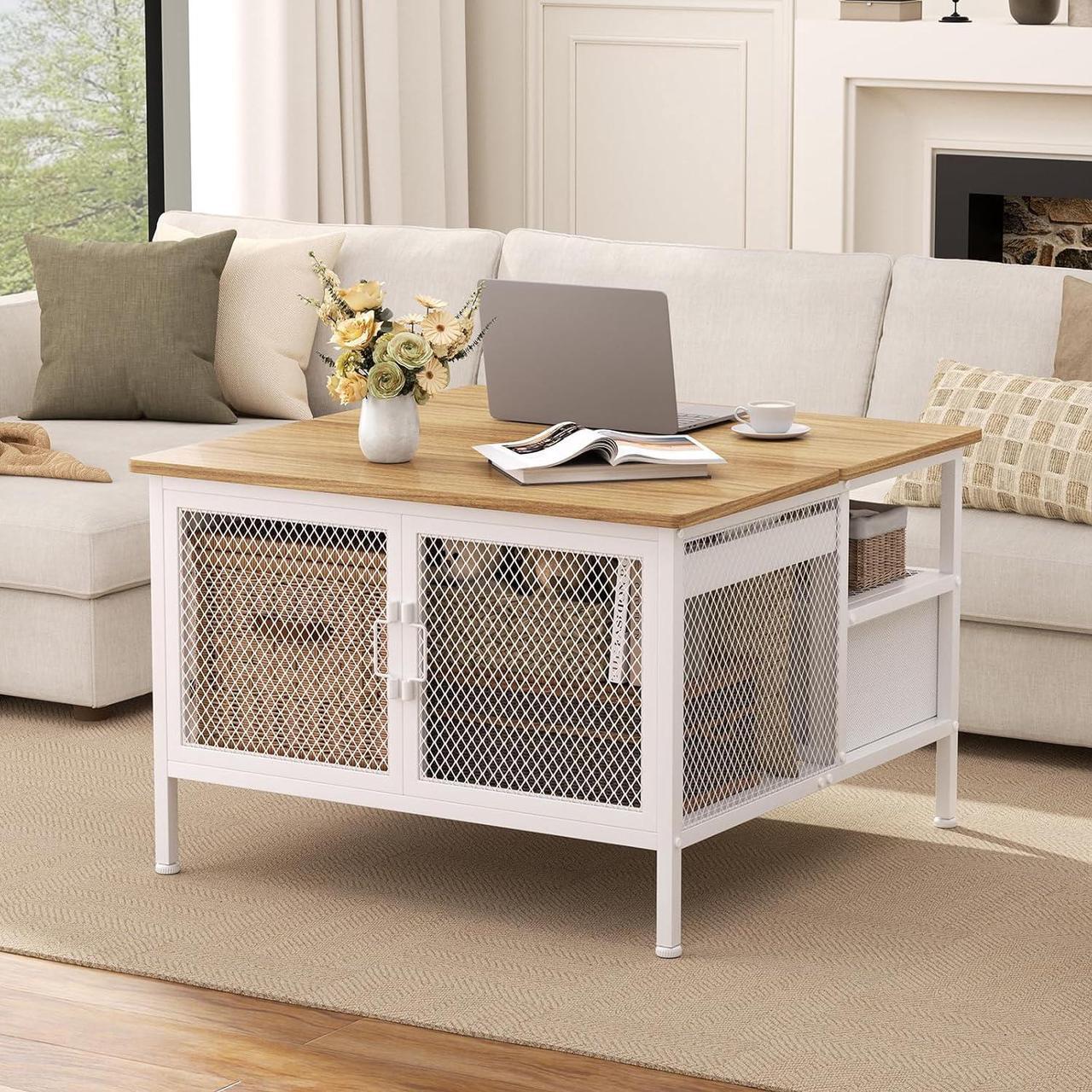 Alt view image 3 of 7 - FABATO Lift Top Coffee Table, Square Coffee Table Metal Wood, Farmhouse Lift Up Coffee Table Cocktail Table with Wire Mesh Barn Door and Storage, Steel Frame, Small Tea Table for Living Room, White