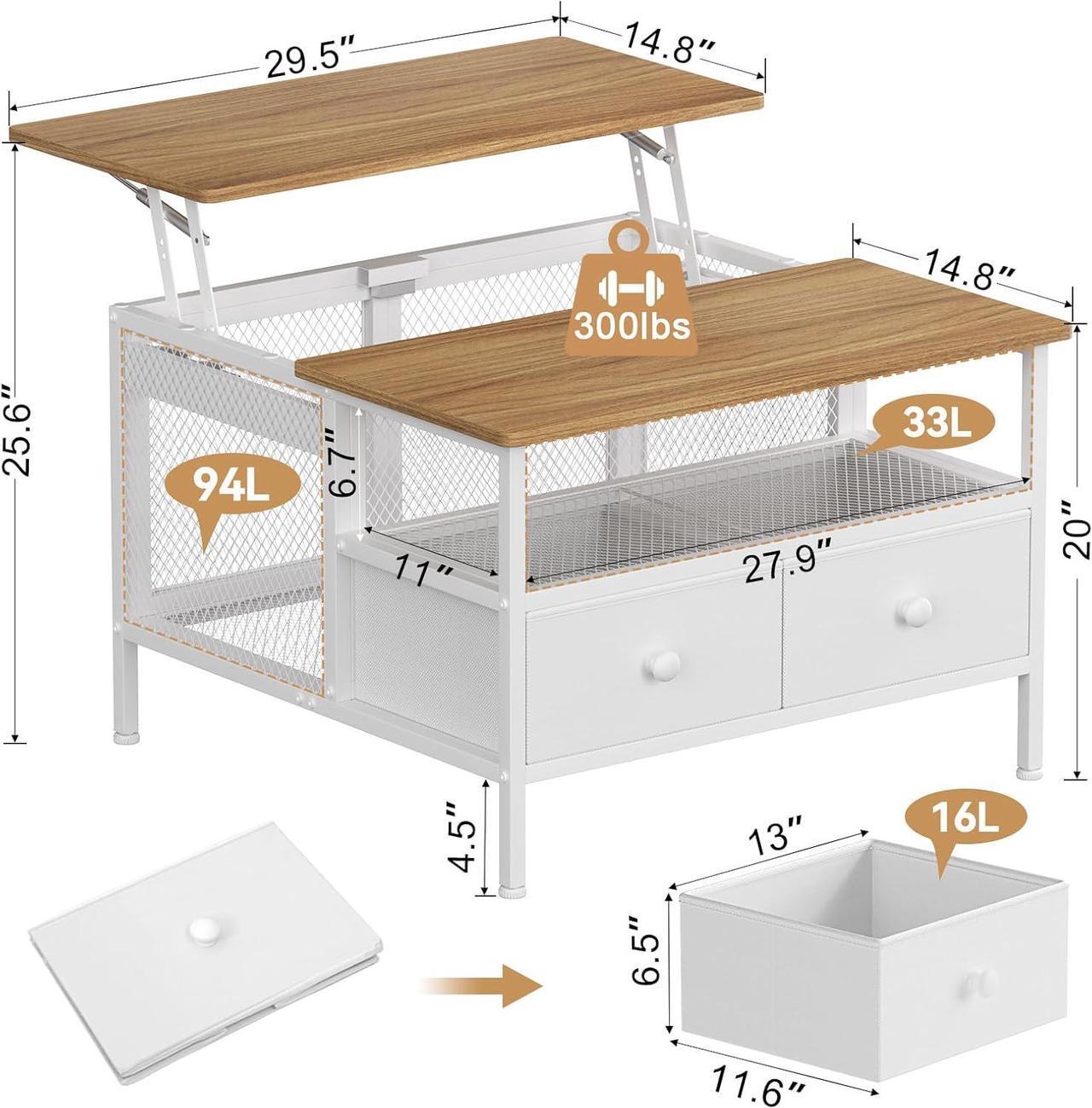 Alt view image 2 of 7 - FABATO Lift Top Coffee Table, Square Coffee Table Metal Wood, Farmhouse Lift Up Coffee Table Cocktail Table with Wire Mesh Barn Door and Storage, Steel Frame, Small Tea Table for Living Room, White