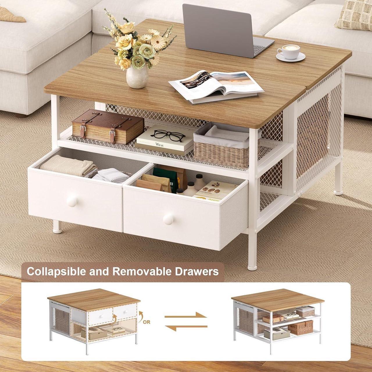 Alt view image 4 of 7 - FABATO Lift Top Coffee Table, Square Coffee Table Metal Wood, Farmhouse Lift Up Coffee Table Cocktail Table with Wire Mesh Barn Door and Storage, Steel Frame, Small Tea Table for Living Room, White