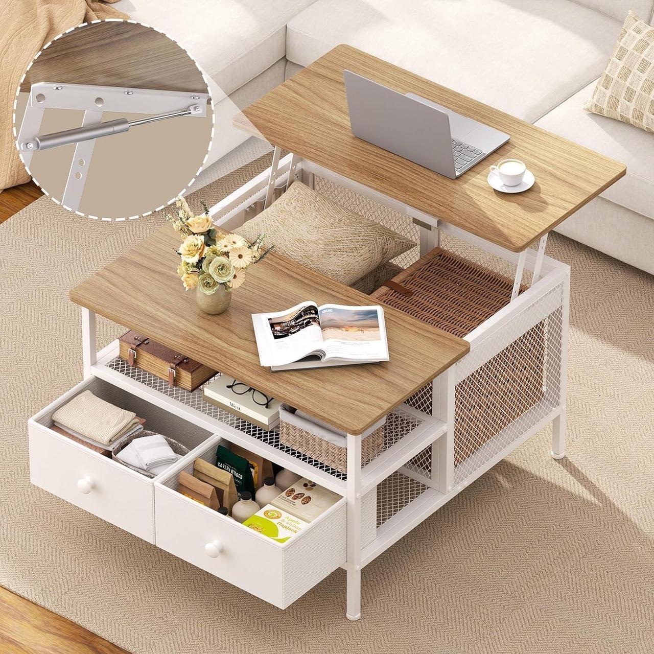 Alt view image 5 of 7 - FABATO Lift Top Coffee Table, Square Coffee Table Metal Wood, Farmhouse Lift Up Coffee Table Cocktail Table with Wire Mesh Barn Door and Storage, Steel Frame, Small Tea Table for Living Room, White