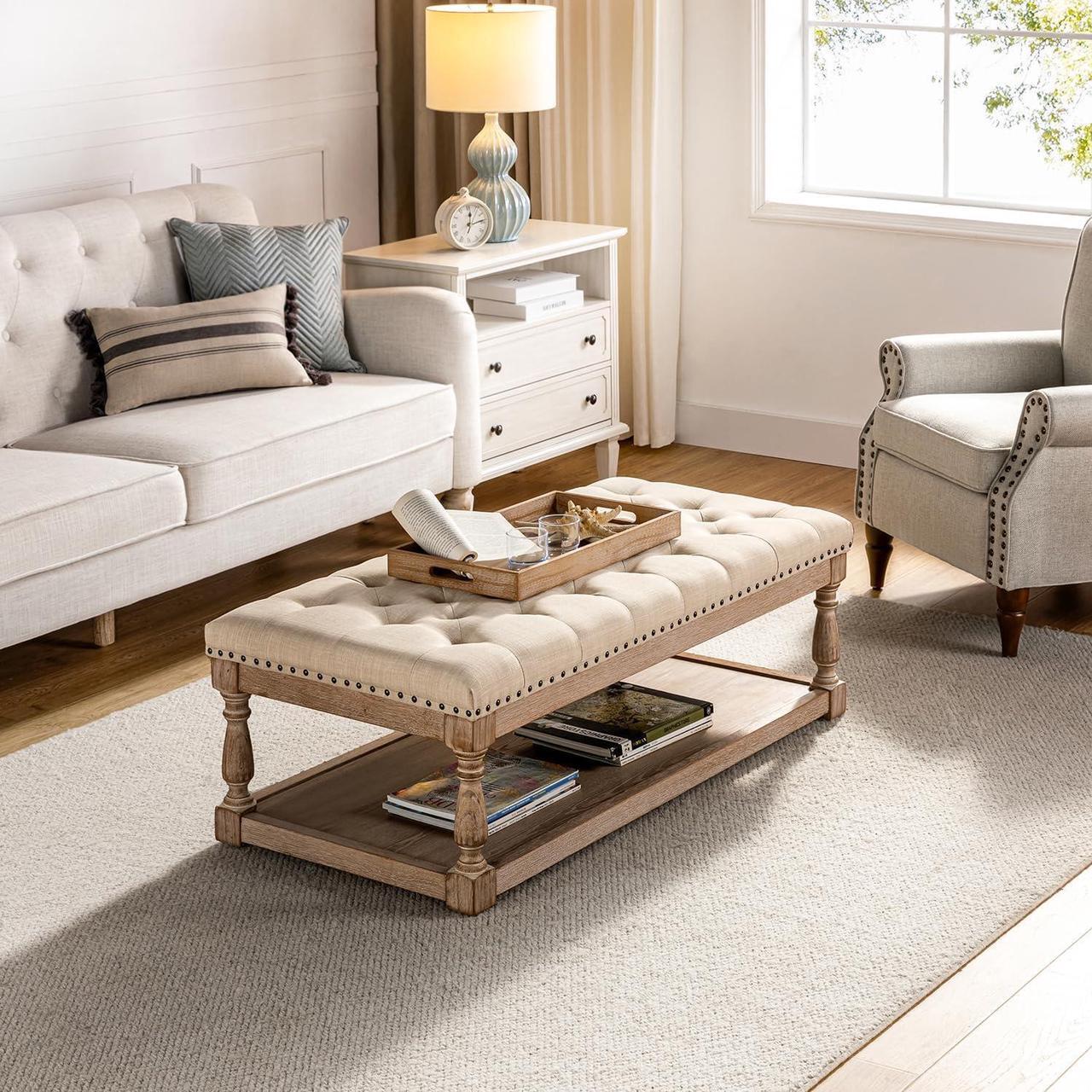 Main image of HULALA HOME Rectangle Ottoman Coffee Table with Tray, Tufted Living Room Ottoman with Solid Wood Storage Shelf, Upholstered Large Footrest Ottoman - Linen