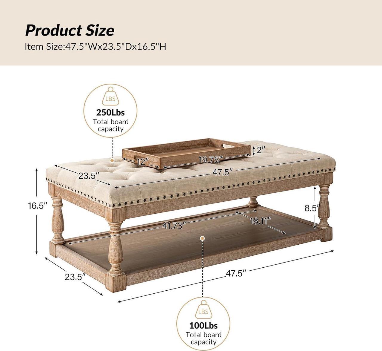 Alt view image 2 of 7 - HULALA HOME Rectangle Ottoman Coffee Table with Tray, Tufted Living Room Ottoman with Solid Wood Storage Shelf, Upholstered Large Footrest Ottoman - Linen