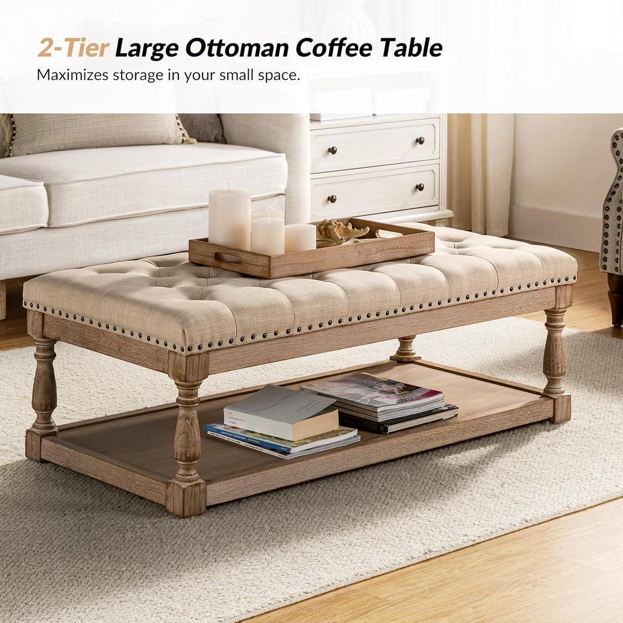 Alt view image 3 of 7 - HULALA HOME Rectangle Ottoman Coffee Table with Tray, Tufted Living Room Ottoman with Solid Wood Storage Shelf, Upholstered Large Footrest Ottoman - Linen