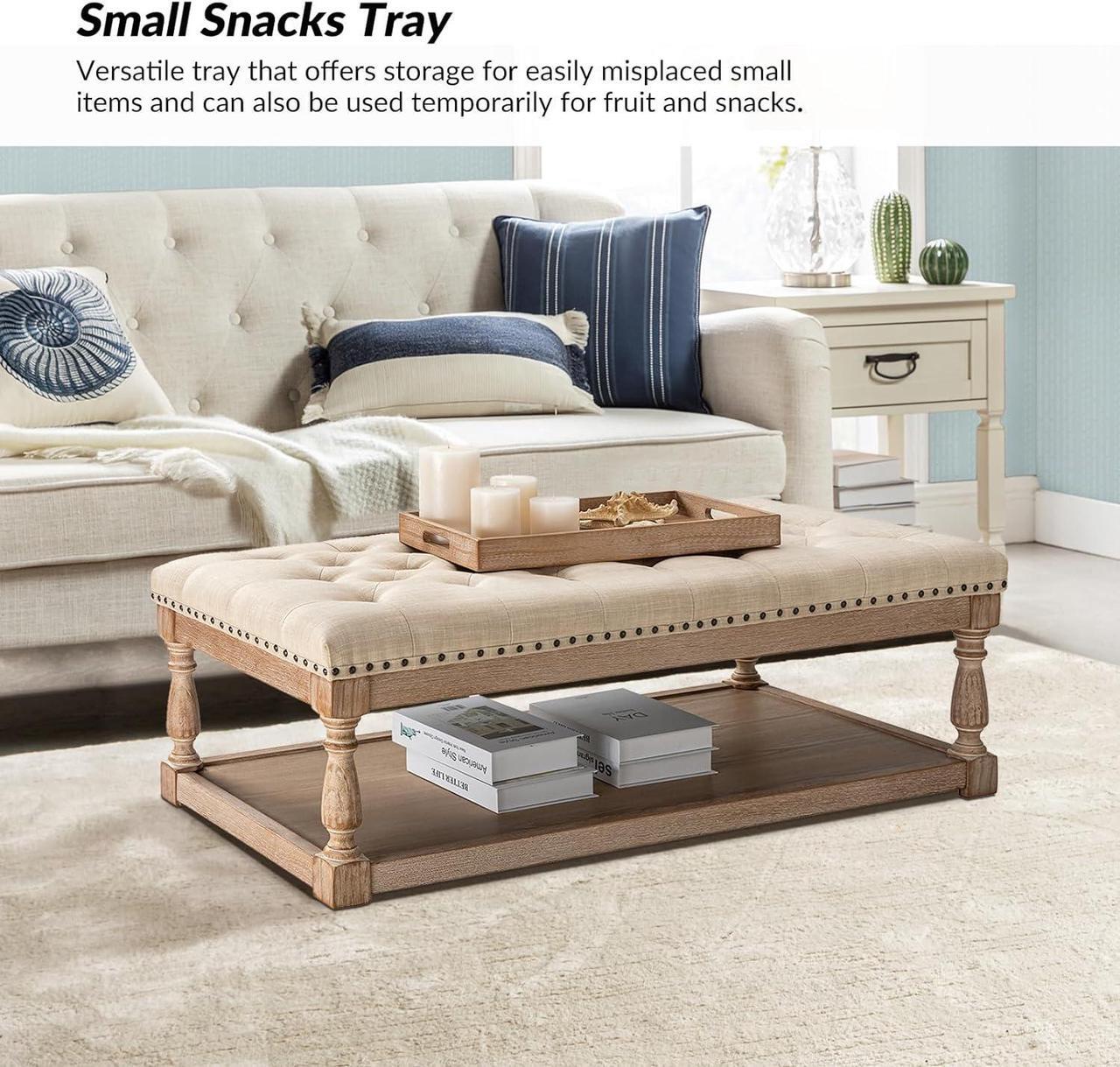 Alt view image 5 of 7 - HULALA HOME Rectangle Ottoman Coffee Table with Tray, Tufted Living Room Ottoman with Solid Wood Storage Shelf, Upholstered Large Footrest Ottoman - Linen